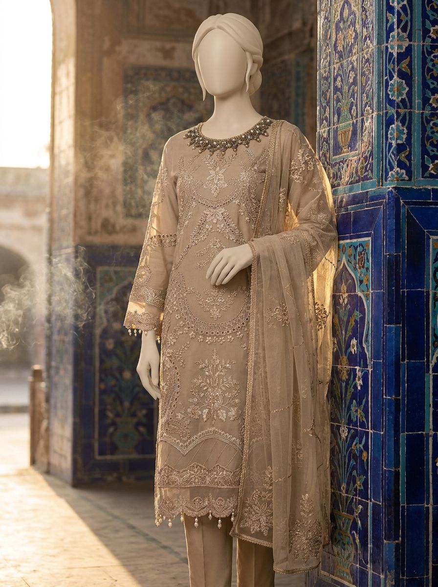 Shalwar kameez chiffon cokelat susu dengan sulam payet mutiara, tampak depan tiga perempat