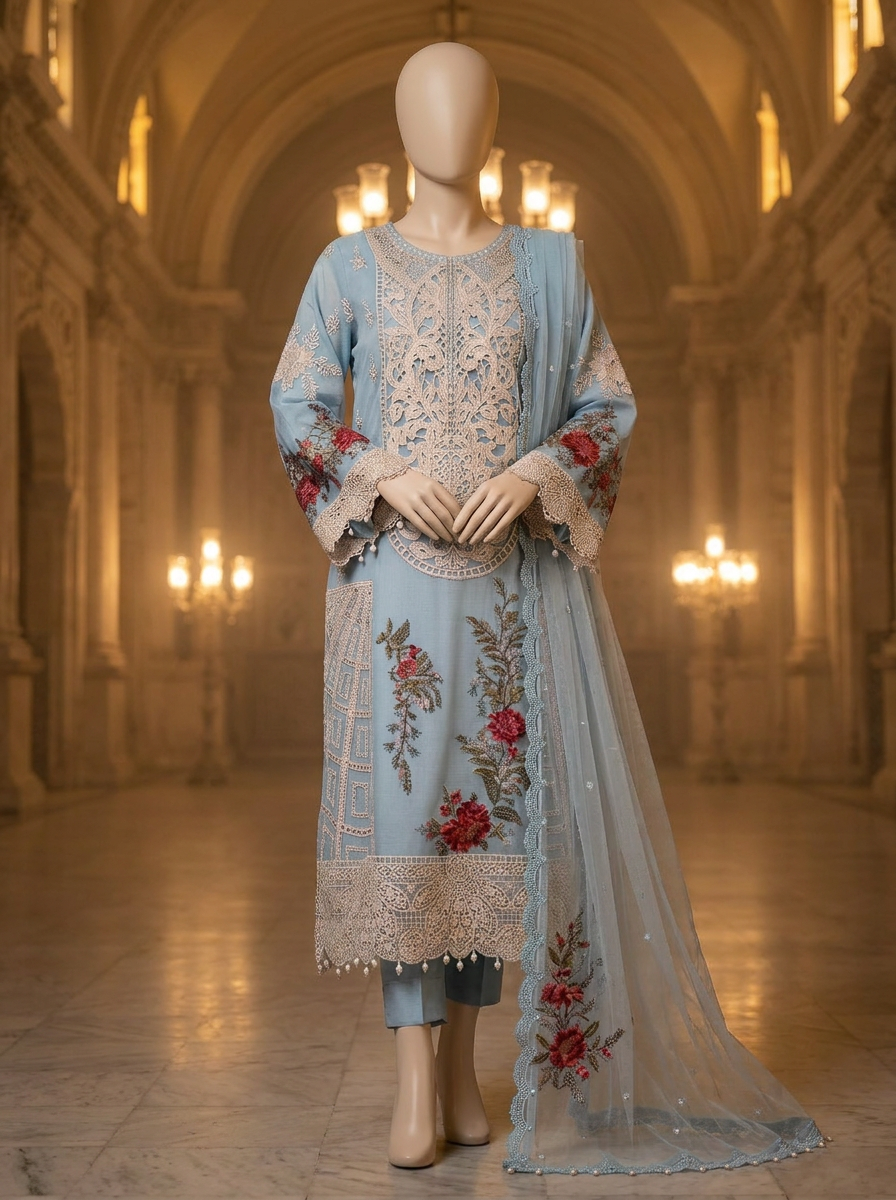 Tampak depan penuh — Shalwar Kameez Organza Biru Langit Sulam Zari Emas