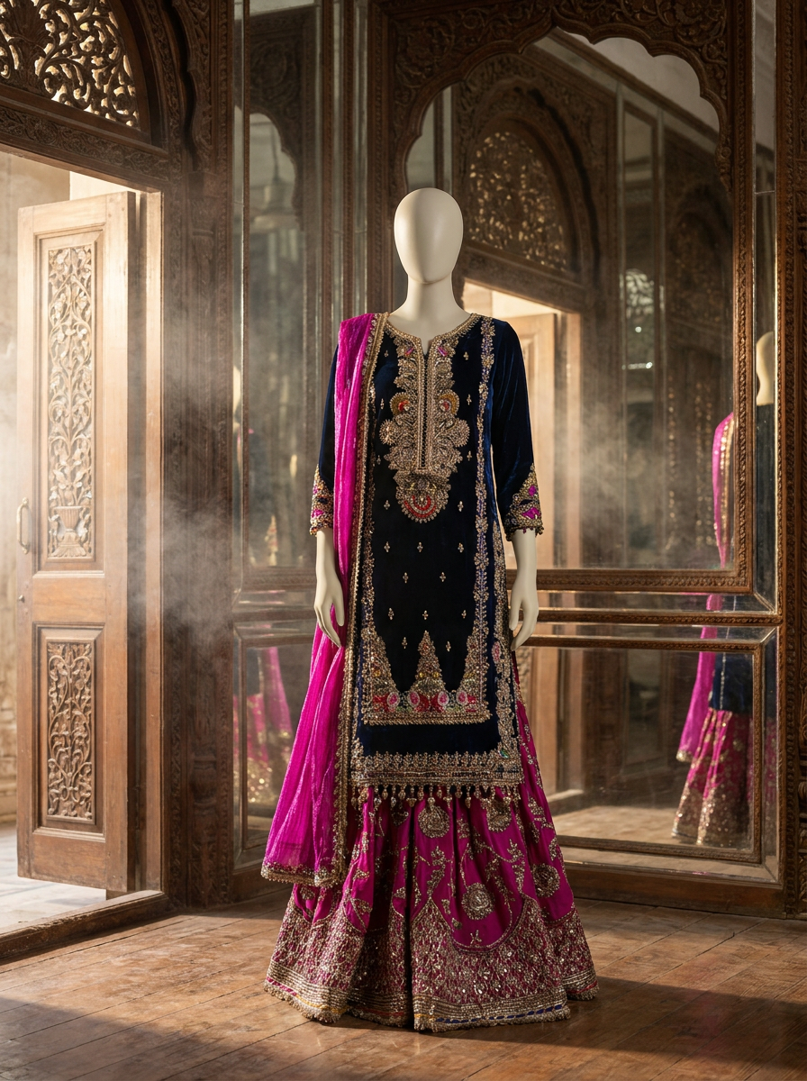 Sharara set beludru hitam dengan sulaman zardozi di dada dan hem, sharara shocking pink berlapis gota, dupatta sutra shocking pink