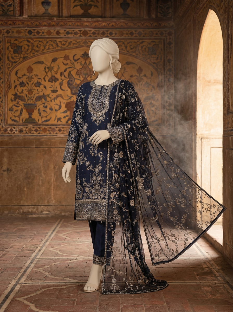 Shalwar kameez chiffon biru dongker dengan sulam zari emas di dada dan lengan, dupatta chiffon bermotif sama