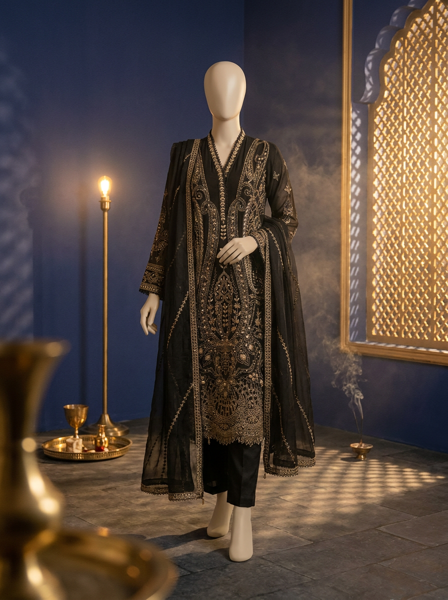 Kurta hitam chiffon sulam zari emas lengkap dengan plazo dan dupatta, potongan lurus