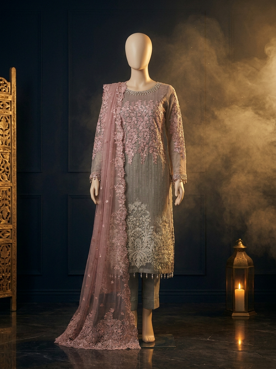 Shalwar kameez chiffon dusty pink dengan sulam zardozi motif bunga di dada dan hem, dupatta matching