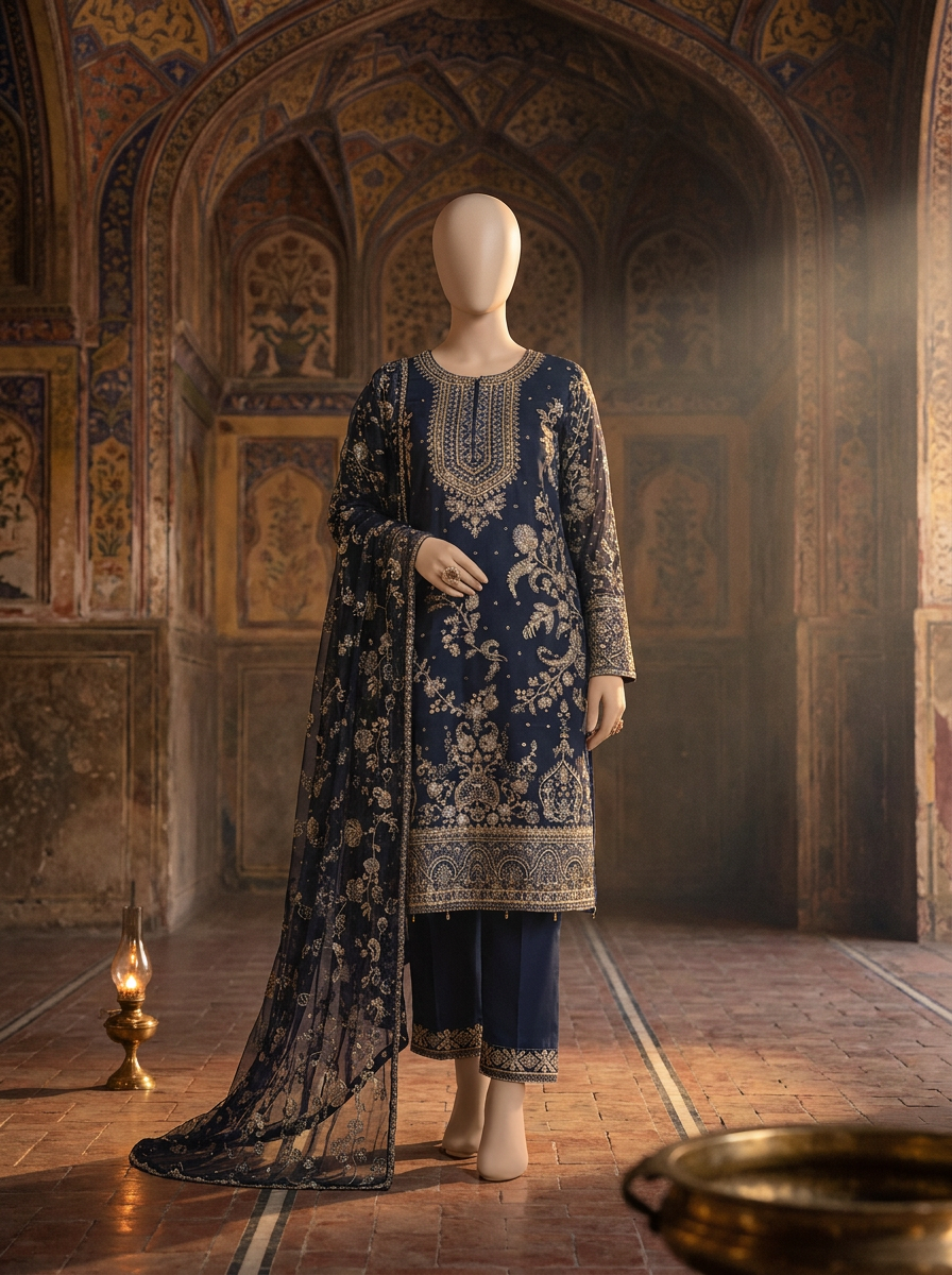 Tampak depan penuh — Shalwar kameez chiffon biru navy